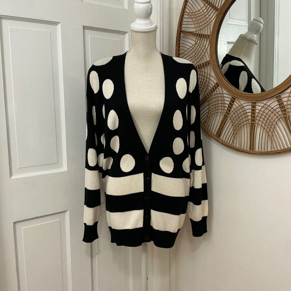 Jones New York Polka Dot Cardigan L Black White Classic Mod Career Layers VTG